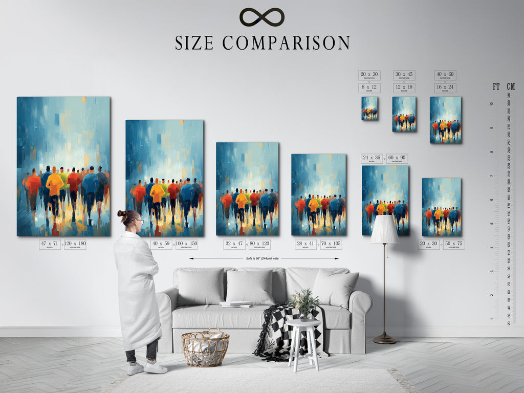 Size comparison chart displayed in an interior setting. See how the marathon runners artwork fits in different room sizes. Visualize the impact of this sports wall decor in your home or office. Plan your wall decor project.