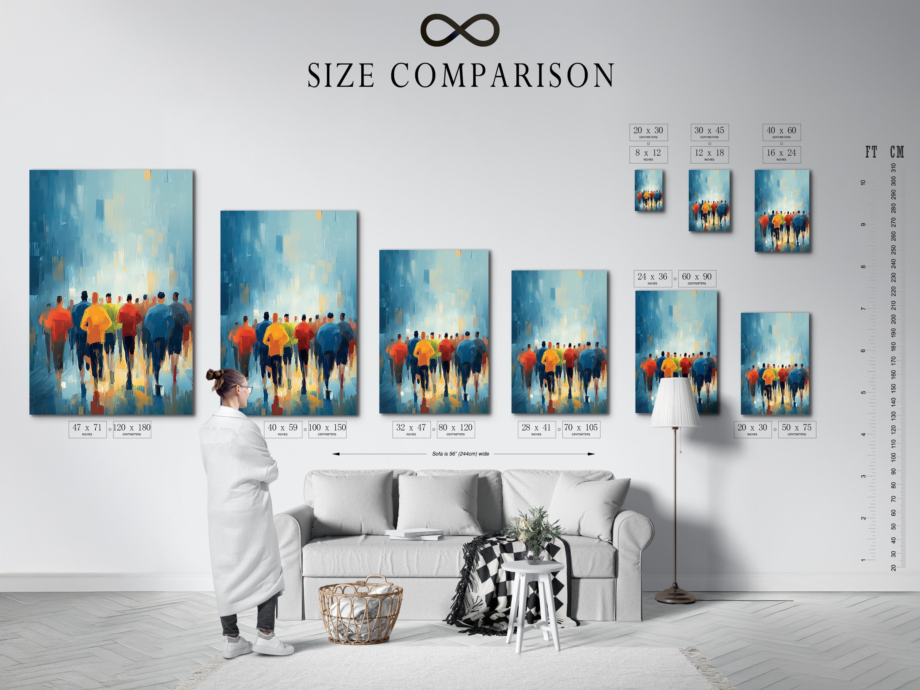 Size comparison chart displayed in an interior setting. See how the marathon runners artwork fits in different room sizes. Visualize the impact of this sports wall decor in your home or office. Plan your wall decor project.
