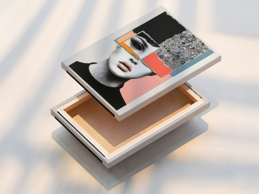 A stretched canvas print featuring abstract face art. The modern collage wall art is ready to hang. It is perfect for adding a contemporary portrait to any space. This art enhances bedroom decor. Great for living rooms bedrooms offices studios lobbies clinics boutiques and salons.