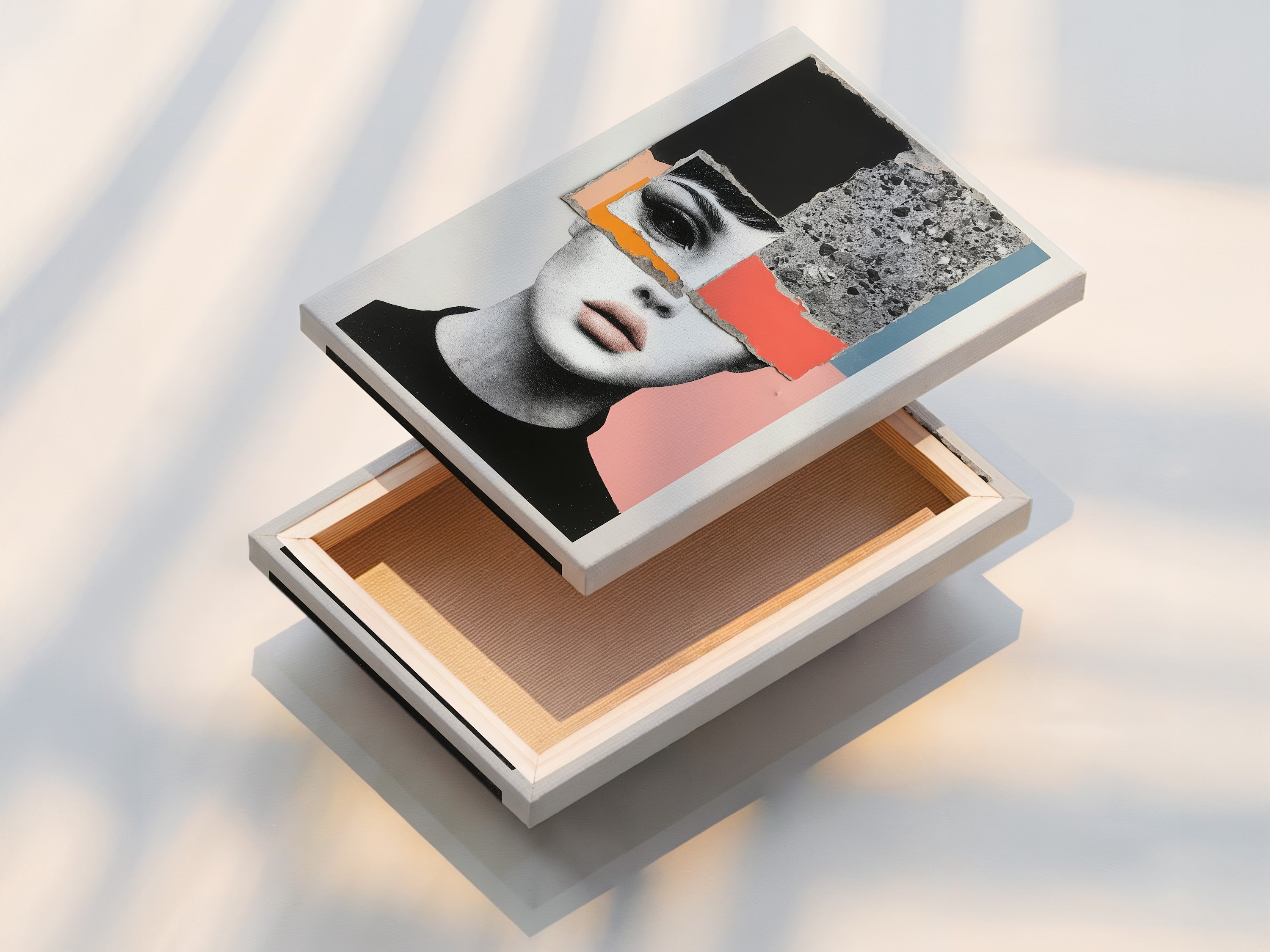 A stretched canvas print featuring abstract face art. The modern collage wall art is ready to hang. It is perfect for adding a contemporary portrait to any space. This art enhances bedroom decor. Great for living rooms bedrooms offices studios lobbies clinics boutiques and salons.