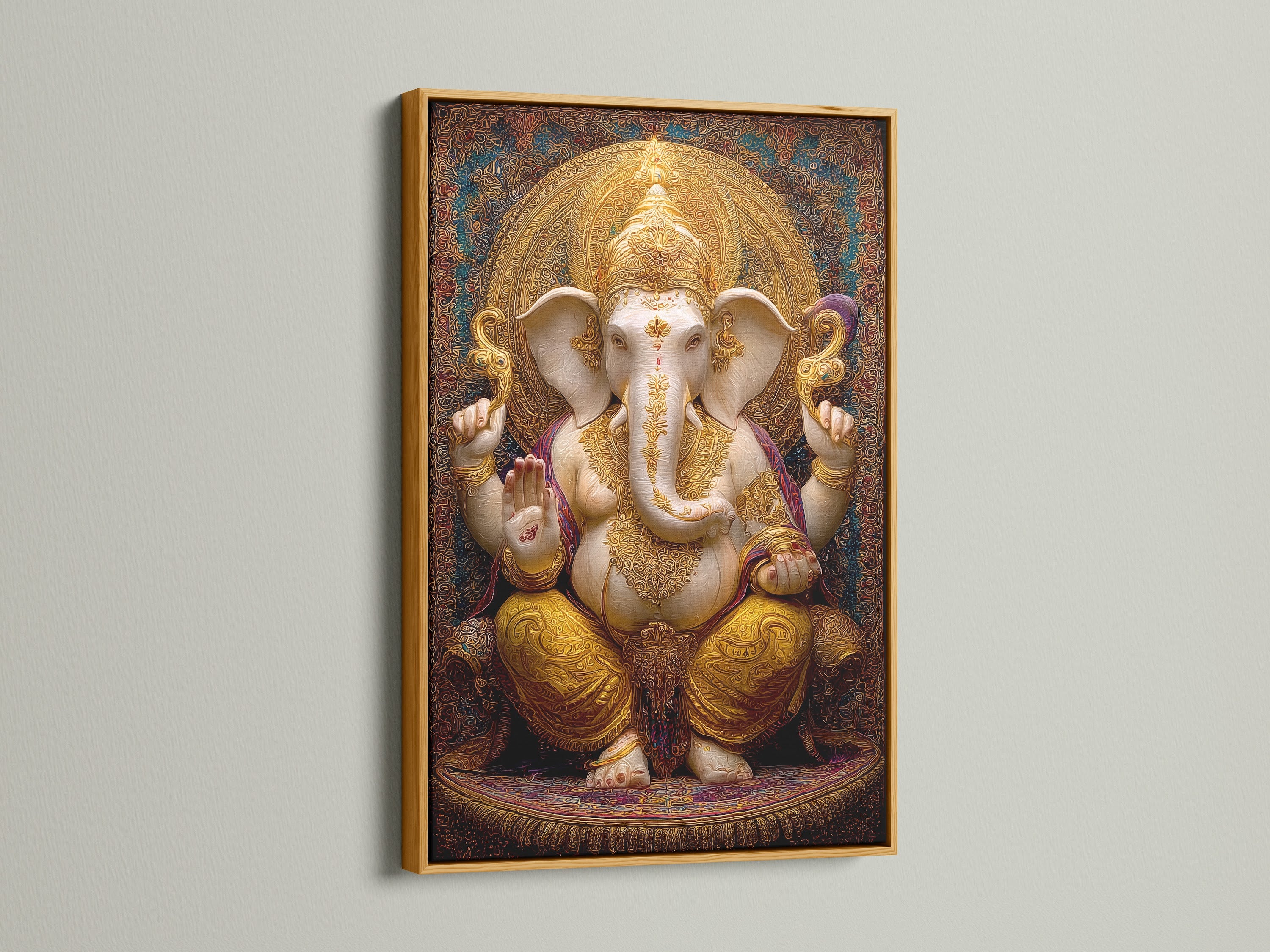 Golden Elephant Deity Art Print - Hindu Spiritual Wall Decor, Sacred Religious Poster, Meditation Room Art, Divine Blessing Artwork
