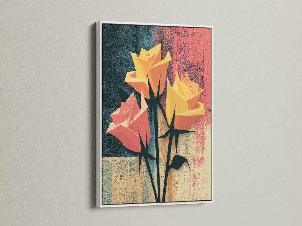 A white frame showcases a striking floral rose artwork. This abstract botanical piece adds modern flair. This artwork enhances bedroom decor. It is also suitable for living rooms hallways studios and lounges.