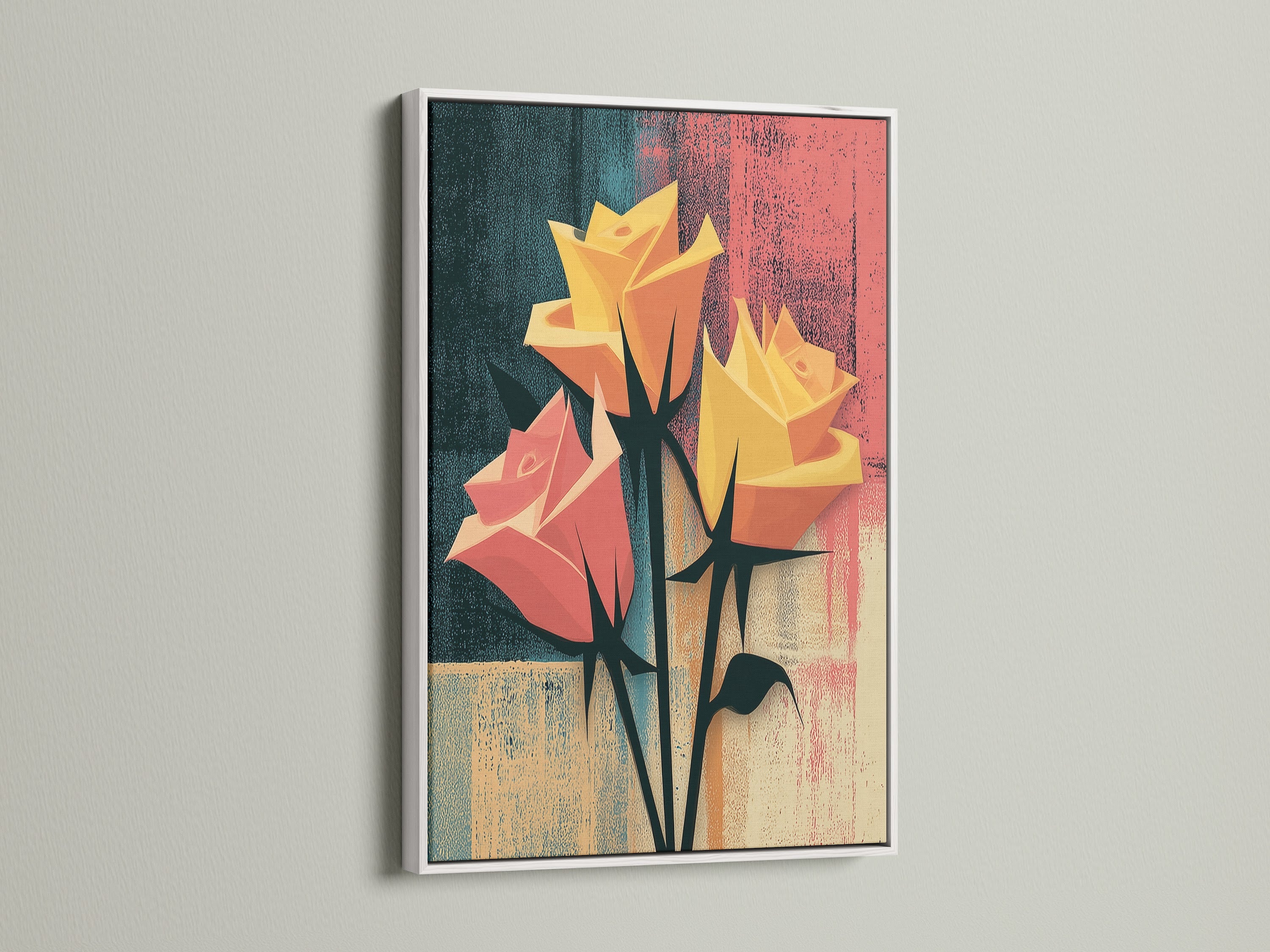 A white frame showcases a striking floral rose artwork. This abstract botanical piece adds modern flair. This artwork enhances bedroom decor. It is also suitable for living rooms hallways studios and lounges.
