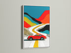 View vintage car art with a white frame. This artwork features a colorful abstract road print. It is excellent for adding a touch of retro style to your home or office wall decor today.