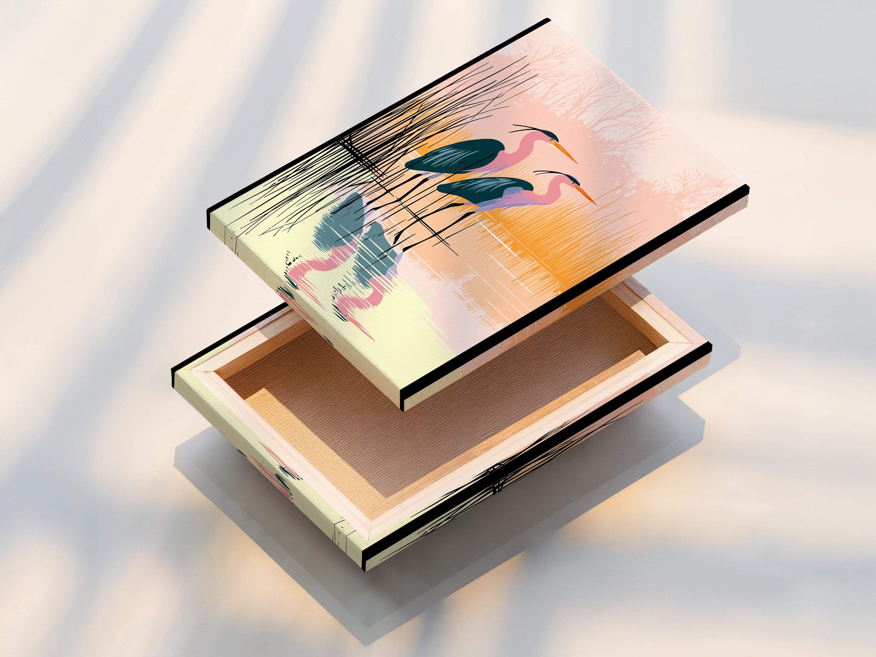 A stretched canvas print of the heron artwork. This gallery-wrapped canvas is ready to hang. Showcasing coastal wall art without needing a frame. The pink and teal bird artwork brings nature to your walls.