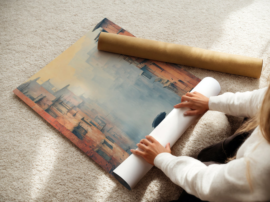A woman carefully rolling a fine art poster paper. The poster features a muted tone cityscape artwork. Perfect for those seeking urban scene prints for their living room or hallway. High quality materials ensure lasting beauty.