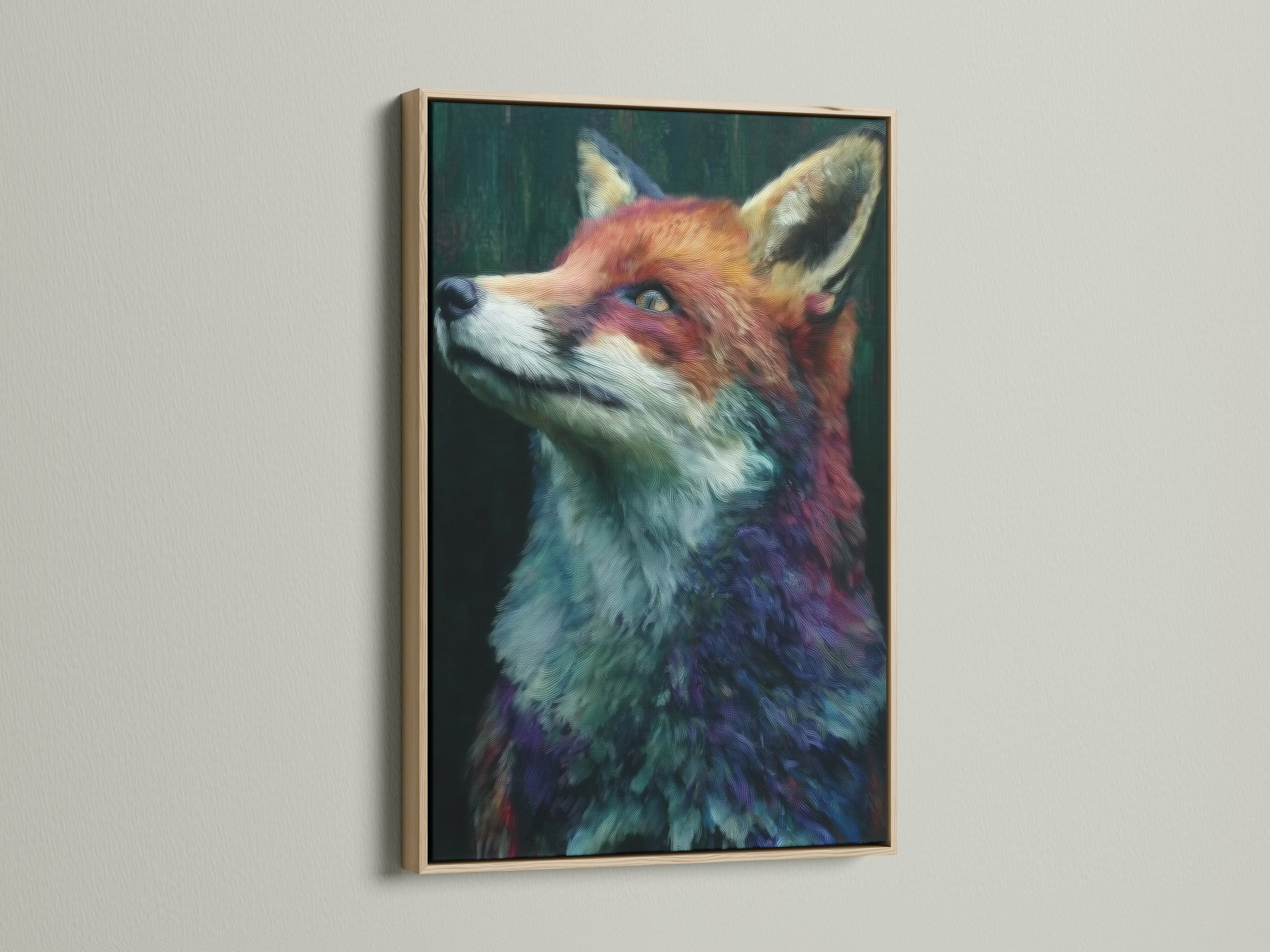 Fox portrait animal canvas artwork in an oak frame. The vibrant colors of this wildlife print make it a striking piece for any room. This modern artwork enhances your space with a touch of nature.
