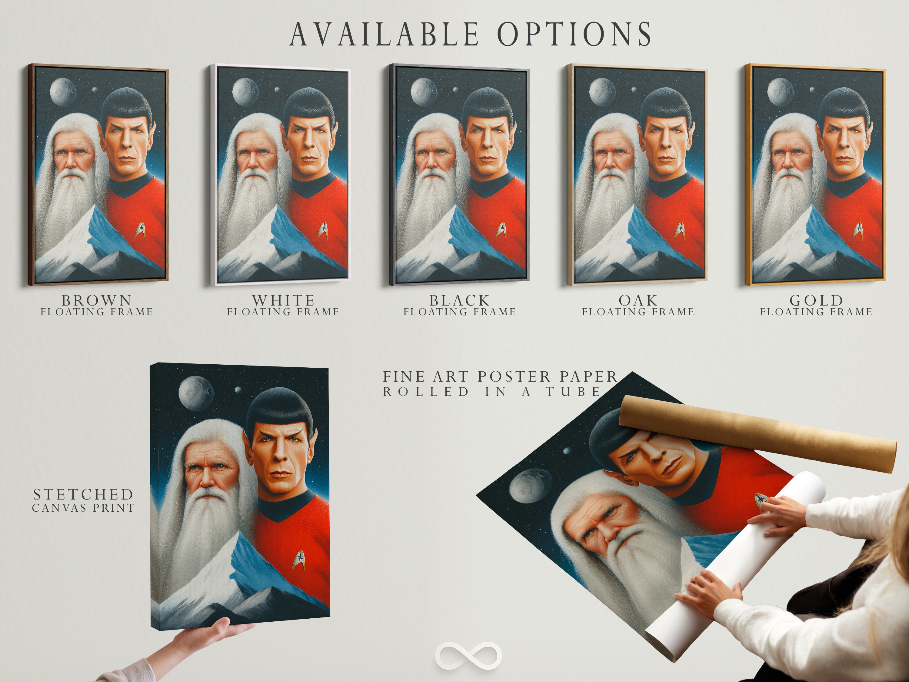 Available options include stretched canvas fine art poster paper and a floating frame. Choose the perfect style for your Star Trek Spock Vulcan art. Each option enhances the sci-fi wall art. Tailor the art to fit your personal style. Find the ideal Trekkie gift. Elevate your home decor today.