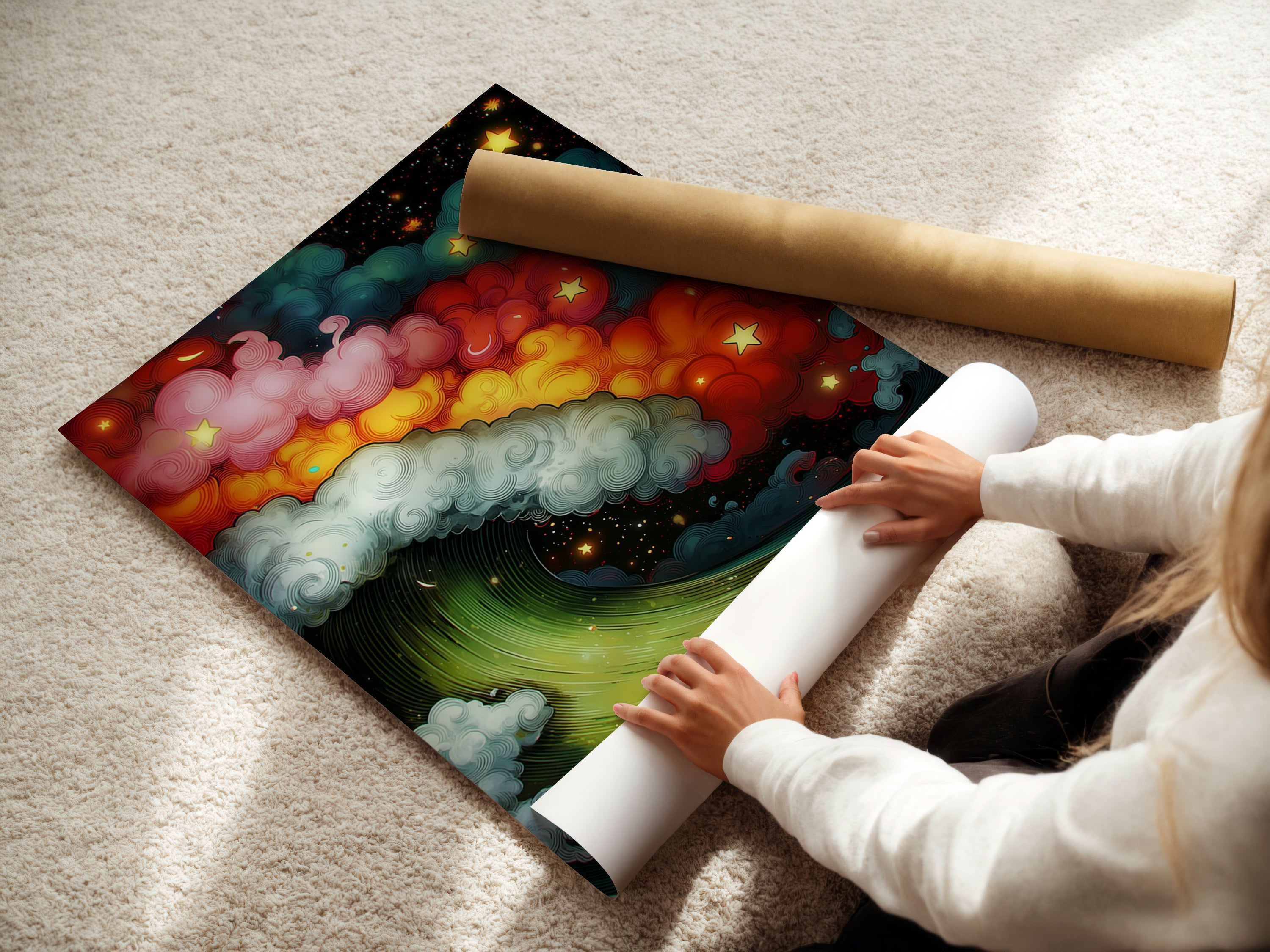 This image depicts a woman carefully rolling fine art poster paper. The fine art paper ensures high-quality reproduction of the artwork. The woman handles the paper with care to prevent any damage. Ideal for creating stunning cosmic wave art prints.