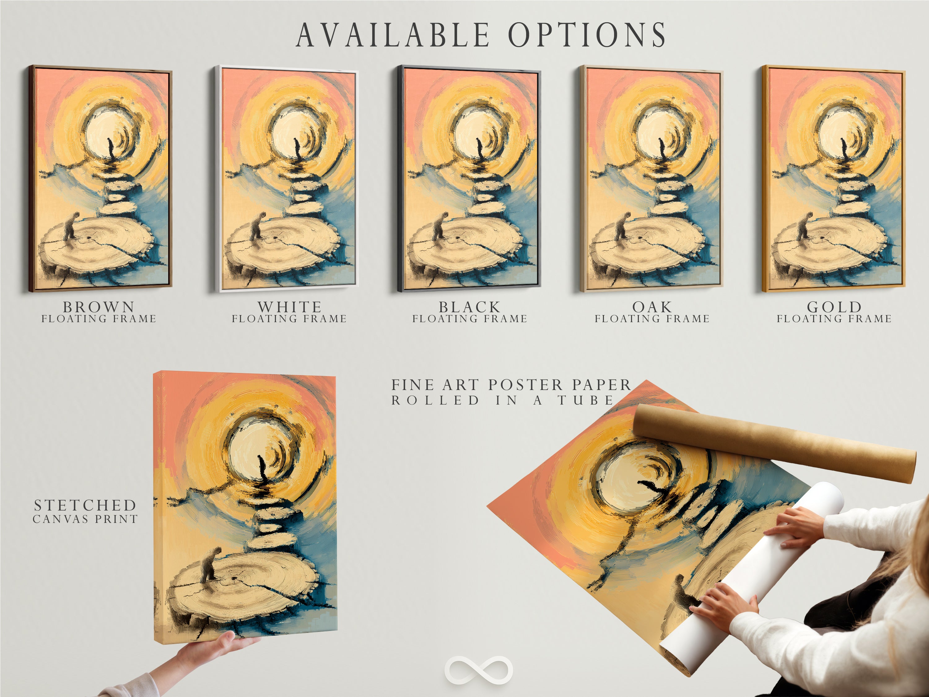 Available art display options are shown: stretched canvas print fine art poster paper and floating frame. Choose your preferred style for zen stone stack artwork. Each option enhances meditation wall art in its own way. Order now and elevate your space.