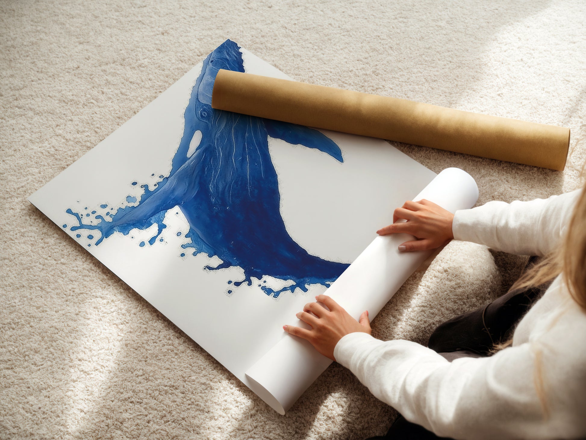 See our fine art poster paper being rolled with care. Ensuring the highest quality for your whale artwork. Perfect for homeowners renters and interior designers. Create stunning wall art that fits nautical minimalist or Scandinavian styles. Elevate your decor with our coastal prints.