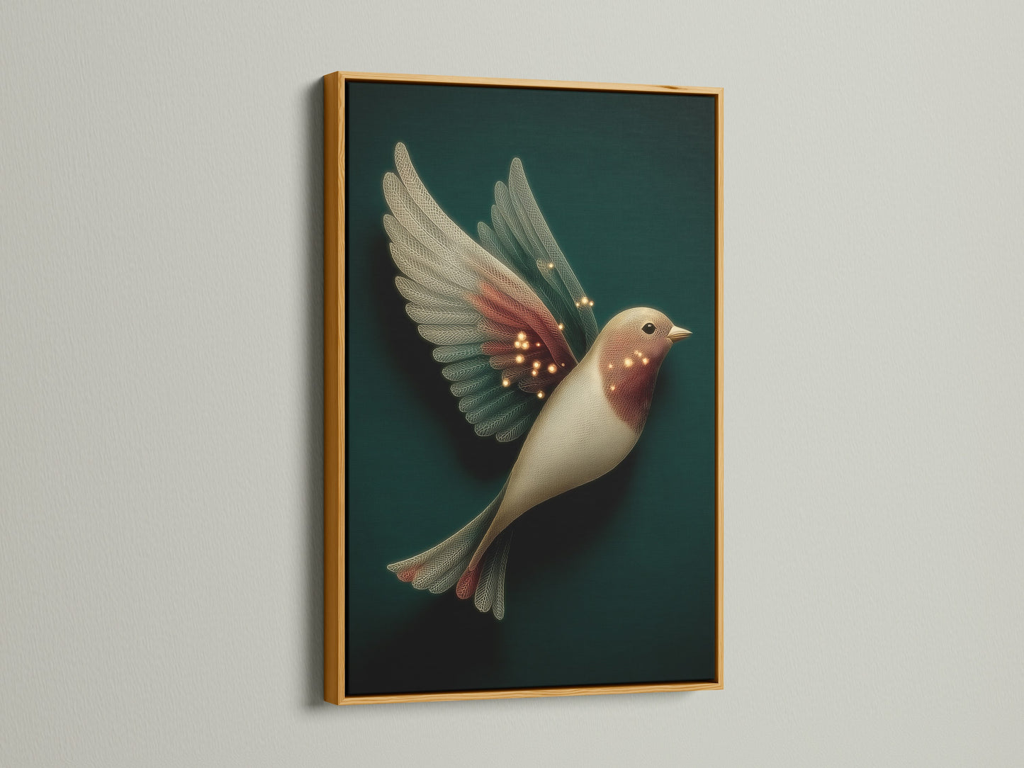 Elegant bird artwork highlighted by a gold frame. This fantasy wall art uses neutral tones. It is perfect for living room wall art. The whimsical artwork creates a magical atmosphere. Gold frames elevate serene art.