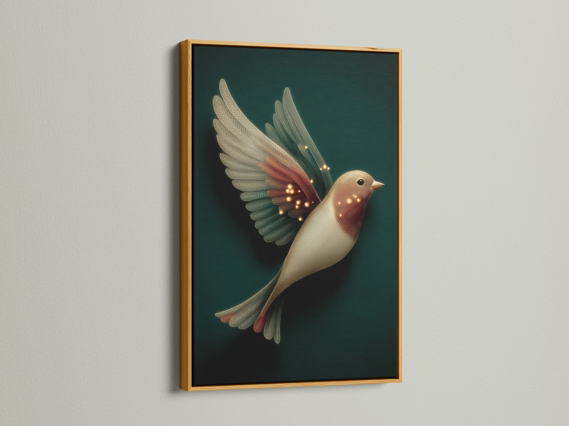 Elegant bird artwork highlighted by a gold frame. This fantasy wall art uses neutral tones. It is perfect for living room wall art. The whimsical artwork creates a magical atmosphere. Gold frames elevate serene art.