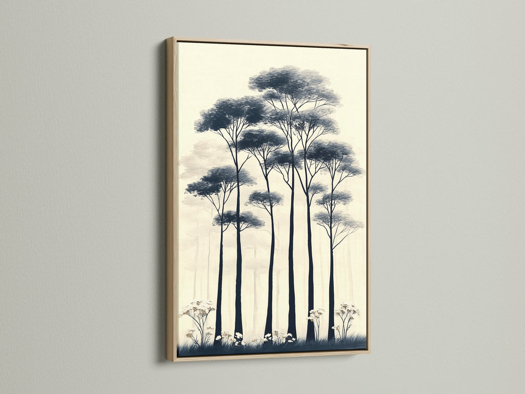 Enhance your home with nature artwork. This forest trees canvas print is framed in oak. The minimalist artwork adds a touch of nature. The neutral tones blend seamlessly with any decor. Ideal for living rooms bedrooms and hallways. A perfect Scandi-inspired accent.