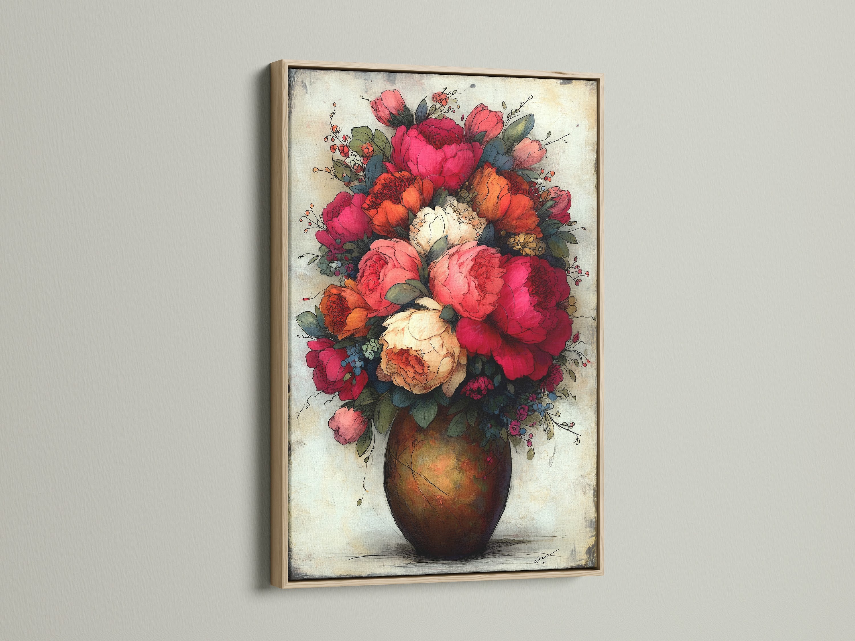 Floral bouquet art print showcasing red peonies in a vintage botanical artwork style. The art is displayed in an oak frame. Enhance your space with flower wall art and floral home decor. Find the perfect botanical canvas for your dining room.
