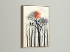 Birds on tree canvas print. This artwork features a red sun and a forest silhouette. The artwork is framed in an oak frame. It is ideal for homeowners and interior stylists seeking minimalist art.