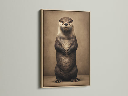 Oak frame displaying an otter art print. This animal art print brings wildlife indoors. The cute otter artwork is ideal for nursery wall decor. It is also great for bathroom wall art. This wildlife canvas is a wonderful gift for animal lovers. It enhances home decor with its unique charm
