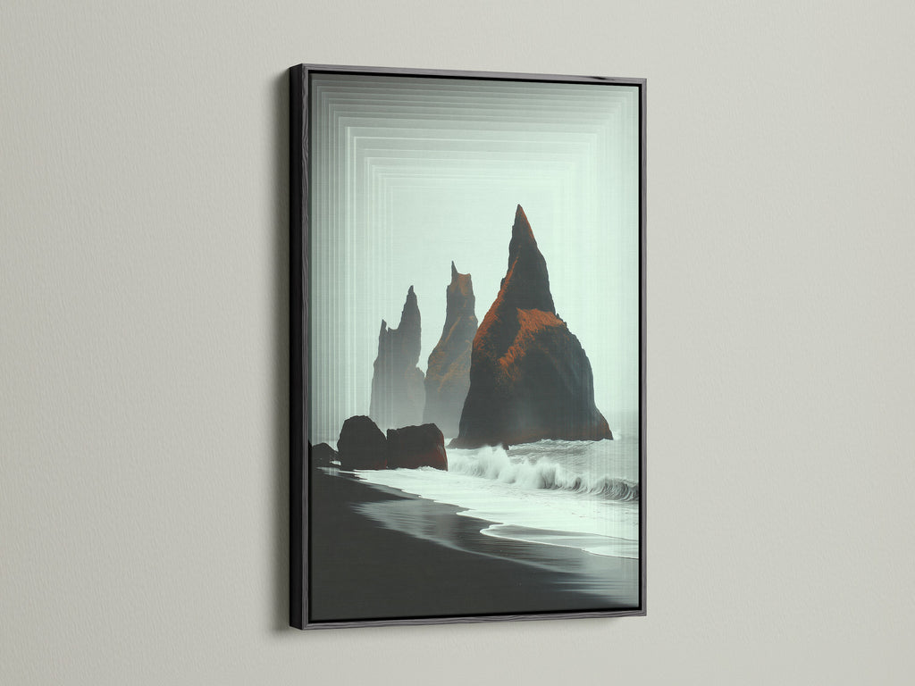 Iceland Black Sand Beach artwork in a black frame. The volcanic rock and ocean view create a striking minimalist piece. This coastal canvas art is a statement piece. It enhances any living room or office wall.