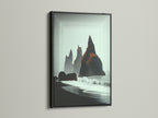 Iceland Black Sand Beach artwork in a black frame. The volcanic rock and ocean view create a striking minimalist piece. This coastal canvas art is a statement piece. It enhances any living room or office wall.