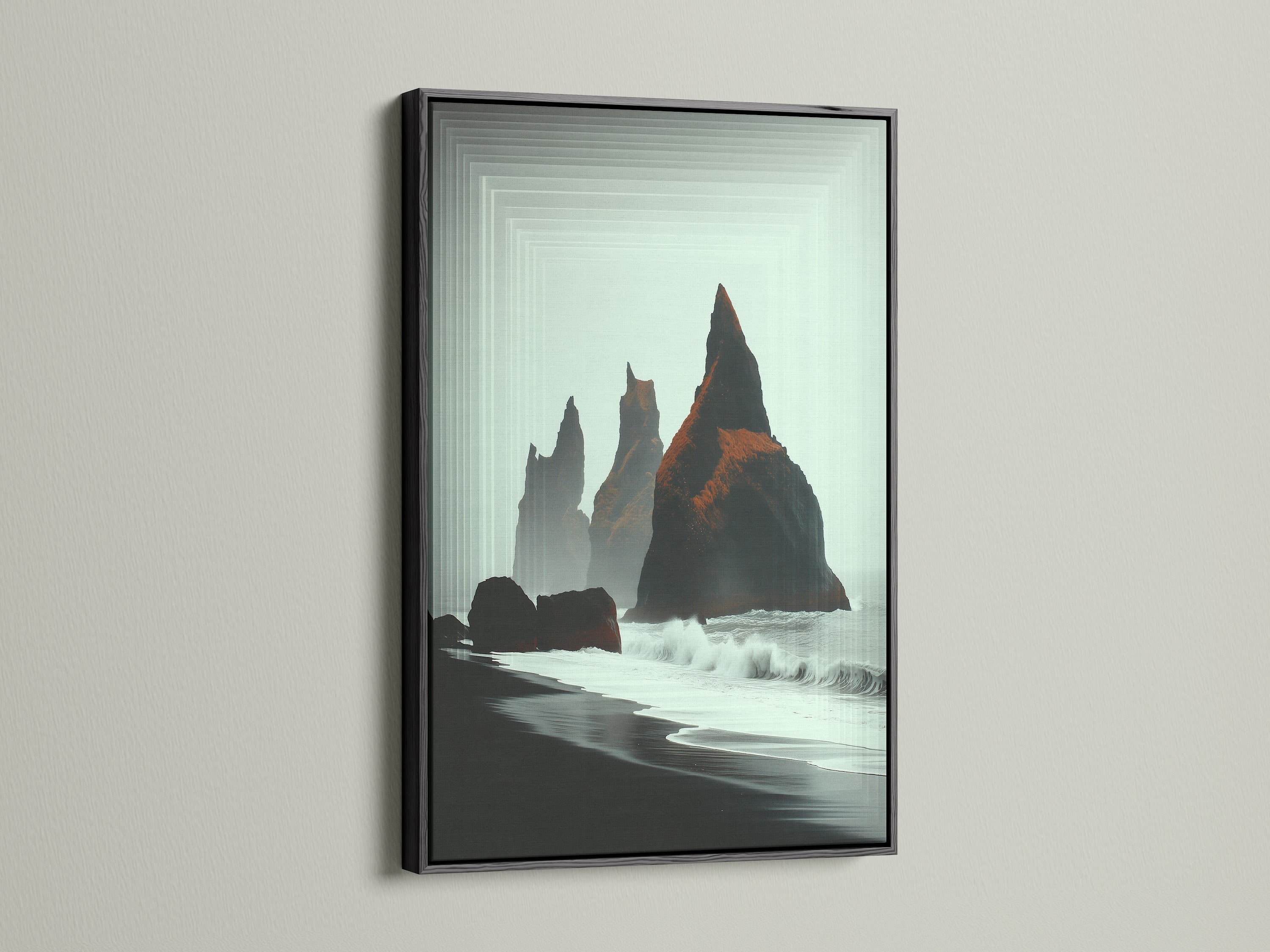 Iceland Black Sand Beach artwork in a black frame. The volcanic rock and ocean view create a striking minimalist piece. This coastal canvas art is a statement piece. It enhances any living room or office wall.
