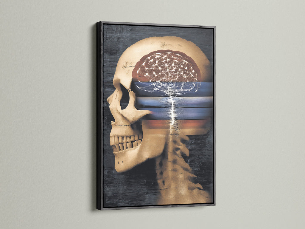 This is a black framed surreal skull artwork. The anatomical brain canvas print is perfect for a medical office. This gothic home decor adds a touch of dark academia to your space. A perfect neurology poster or skull wall decor for science enthusiasts.
