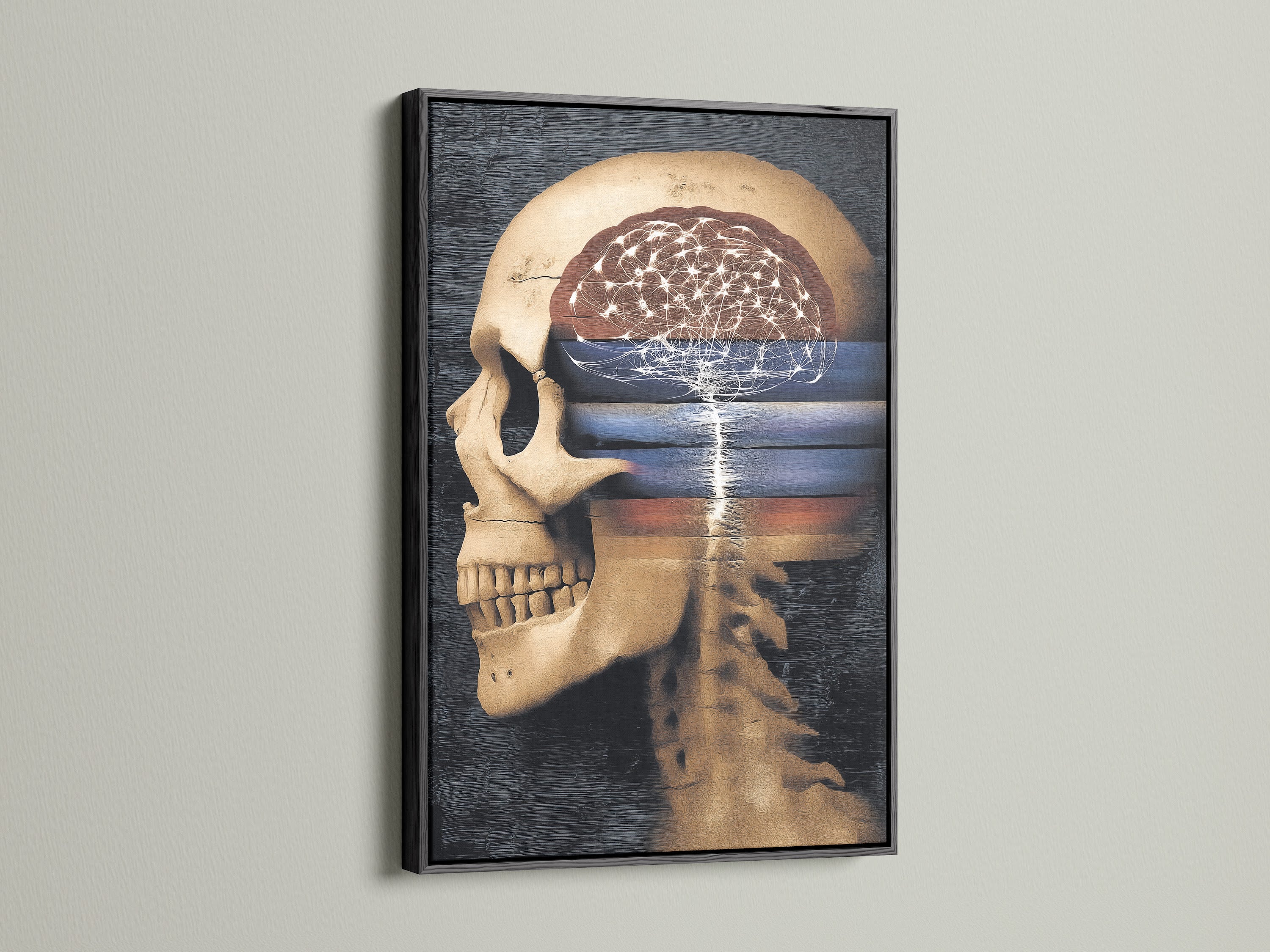This is a black framed surreal skull artwork. The anatomical brain canvas print is perfect for a medical office. This gothic home decor adds a touch of dark academia to your space. A perfect neurology poster or skull wall decor for science enthusiasts.