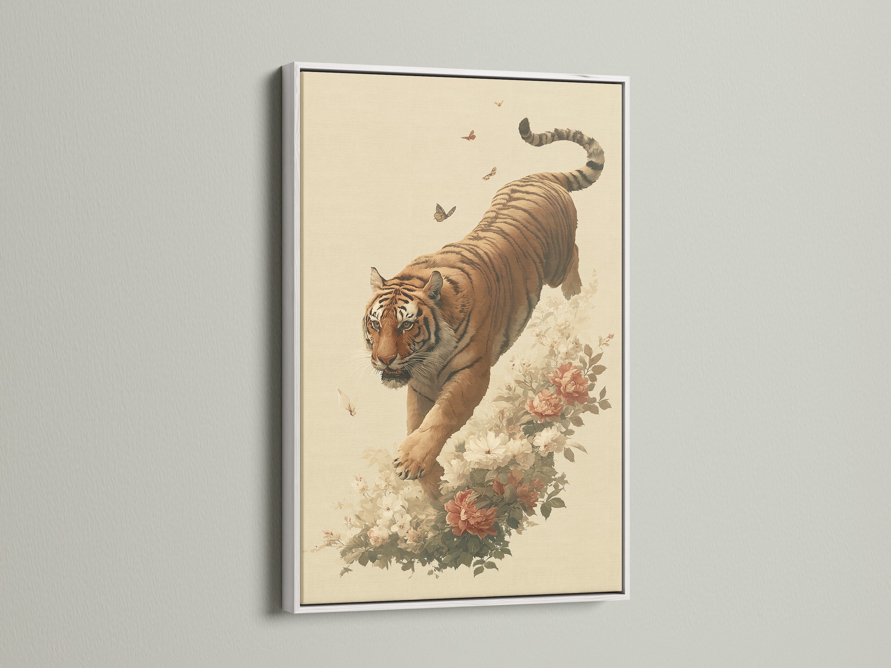 Vintage tiger art is showcased in a clean white frame. This botanical tiger art print is perfect for adding asian wall art to your decor. The white frame ensures the focus remains on the traditional artwork. The wildlife canvas is ideal for living rooms bedrooms or study rooms. It's a versatile piece of animal artwork.