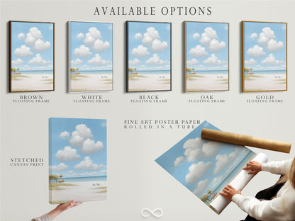 Available options include stretched canvas print. Also available fine art poster paper and floating frame. Choose the perfect style for your beach scene artwork. Many choices.
