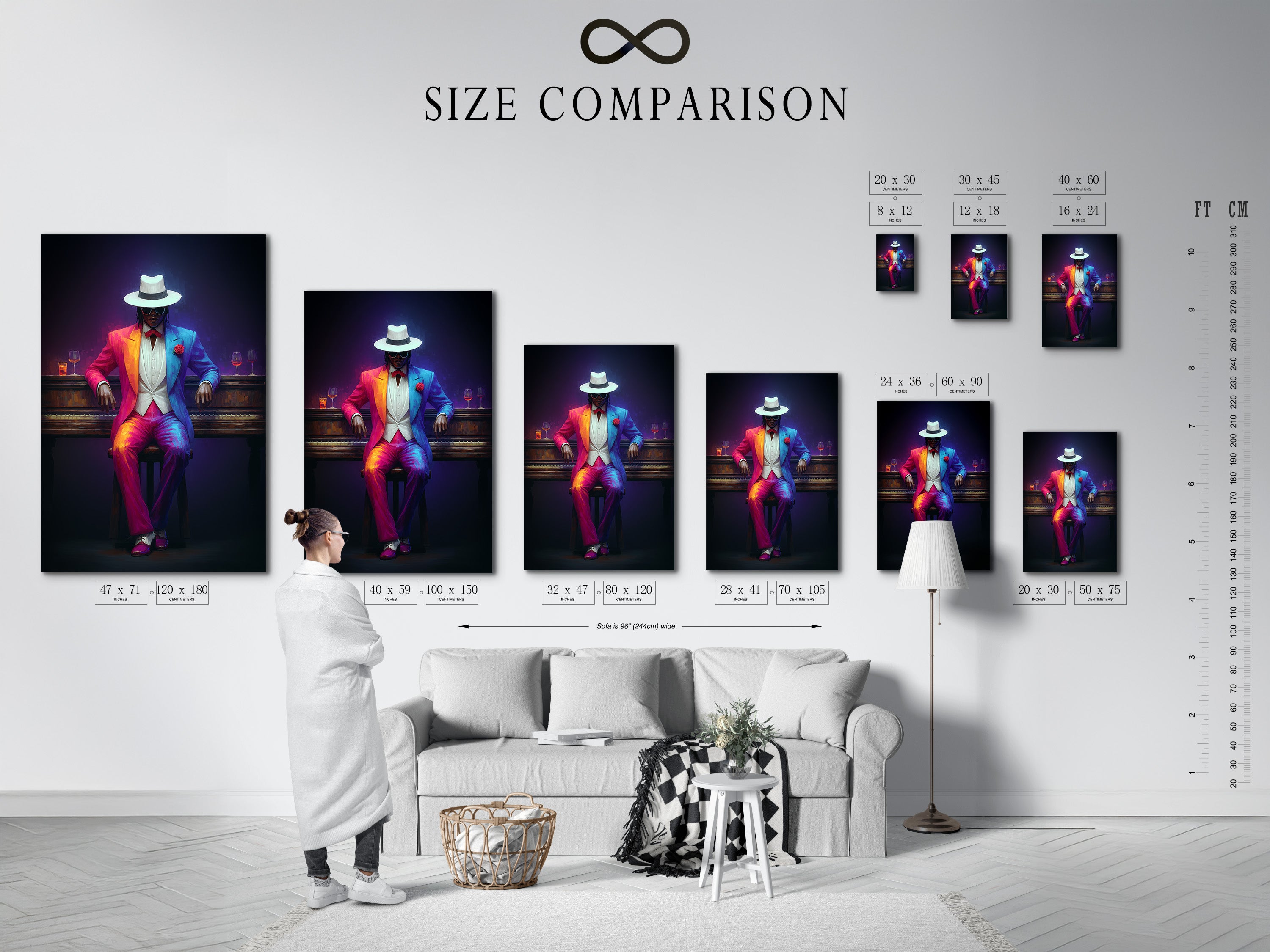 Size comparison chart in an interior setting. See how the Neon Suit Portrait fits in your space. This colorful gentleman artwork is perfect for any room. Choose the right size for your living room home bar or office. Visualize the art in contemporary eclectic or Art Deco styles.