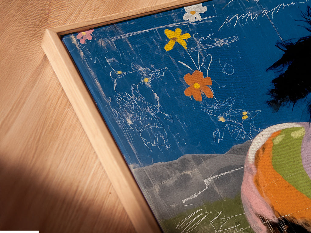 A close-up shot of a canvas print in a floating frame. The frame enhances the artwork. It adds depth and dimension to the overall display. This modern mixed media canvas is perfect for your decor.