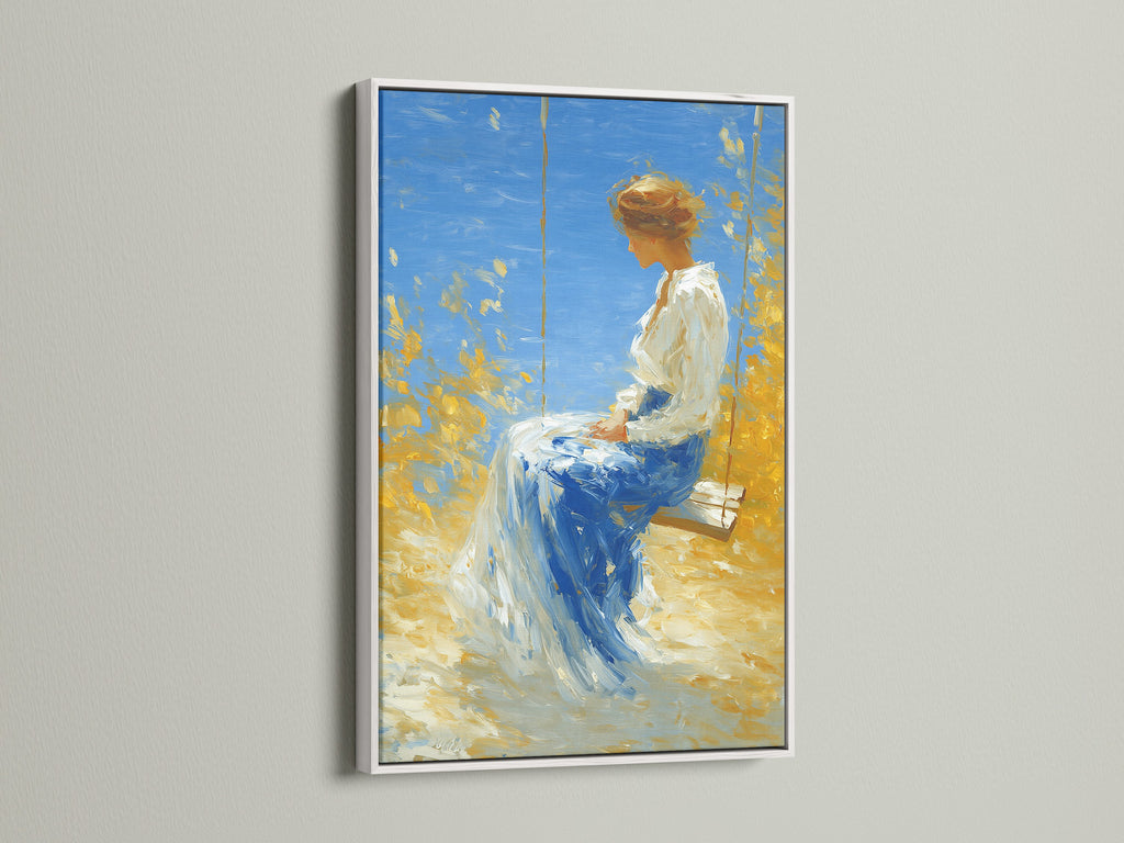 Artwork with a white frame is displayed. The white frame offers a clean and modern look. It allows the art to stand out. This frame complements various art styles. The white frame provides a fresh aesthetic to the artwork.