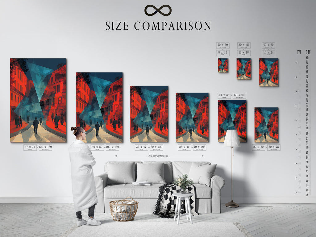 This image features a size comparison chart in an interior setting. The chart helps visualize artwork dimensions. It aids in selecting the perfect size for your space. Find the ideal artwork size to complement your decor. Plan your art display today.