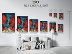 This image features a size comparison chart in an interior setting. The chart helps visualize artwork dimensions. It aids in selecting the perfect size for your space. Find the ideal artwork size to complement your decor. Plan your art display today.