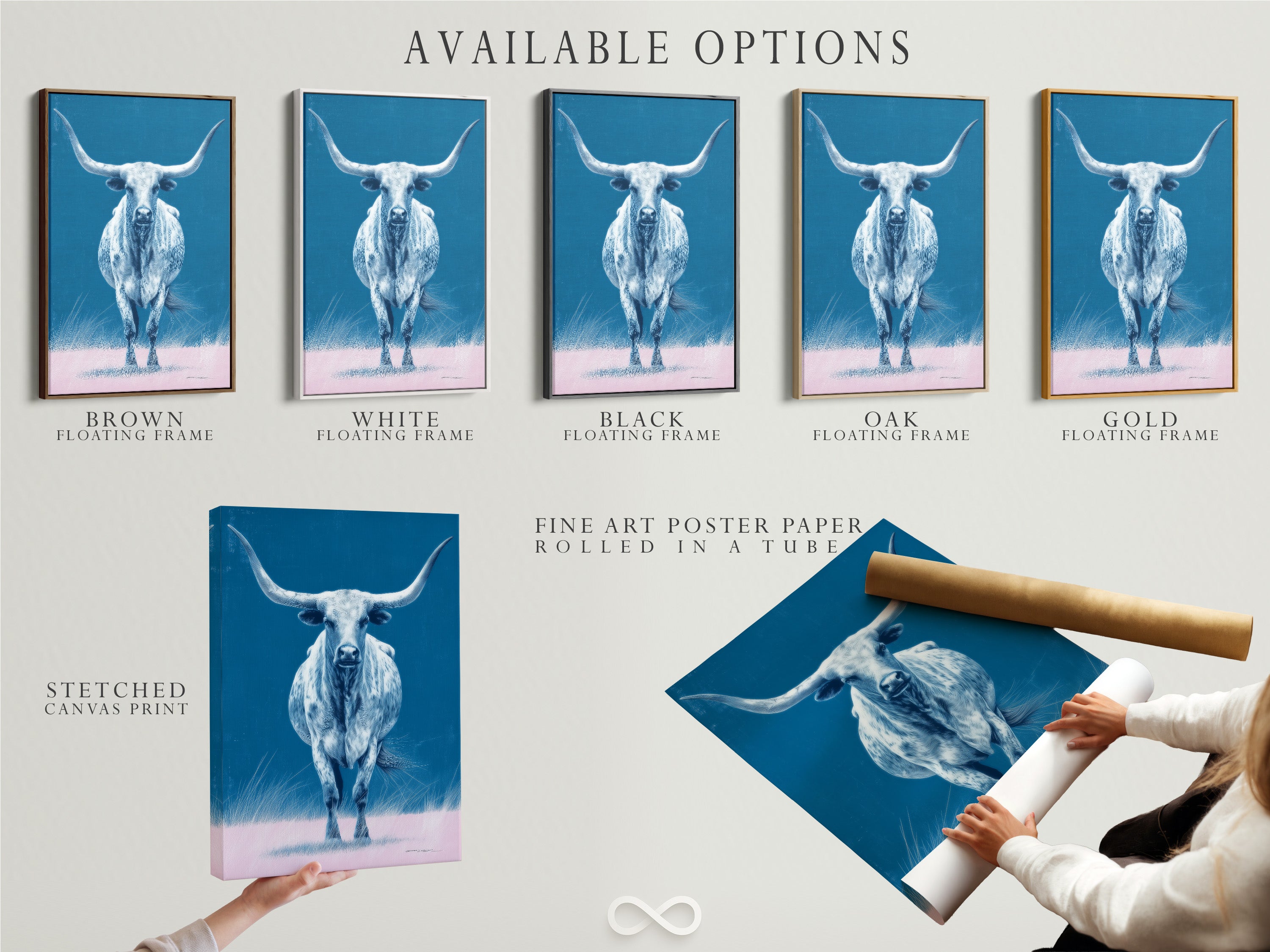 Available options include stretched canvas print fine art poster paper and floating frame. Customize your longhorn bull artwork to fit your style. Choose the perfect medium and frame for your western home decor. Make it yours.