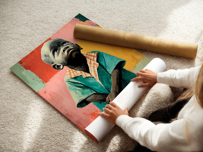 A woman is carefully rolling a fine art poster paper. The paper likely features the Thoughtful Boy artwork. This shows the care taken in preparing your emotional artwork. The fine art poster paper ensures a high-quality print. Choose this option for a delicate touch to your teal wall art.