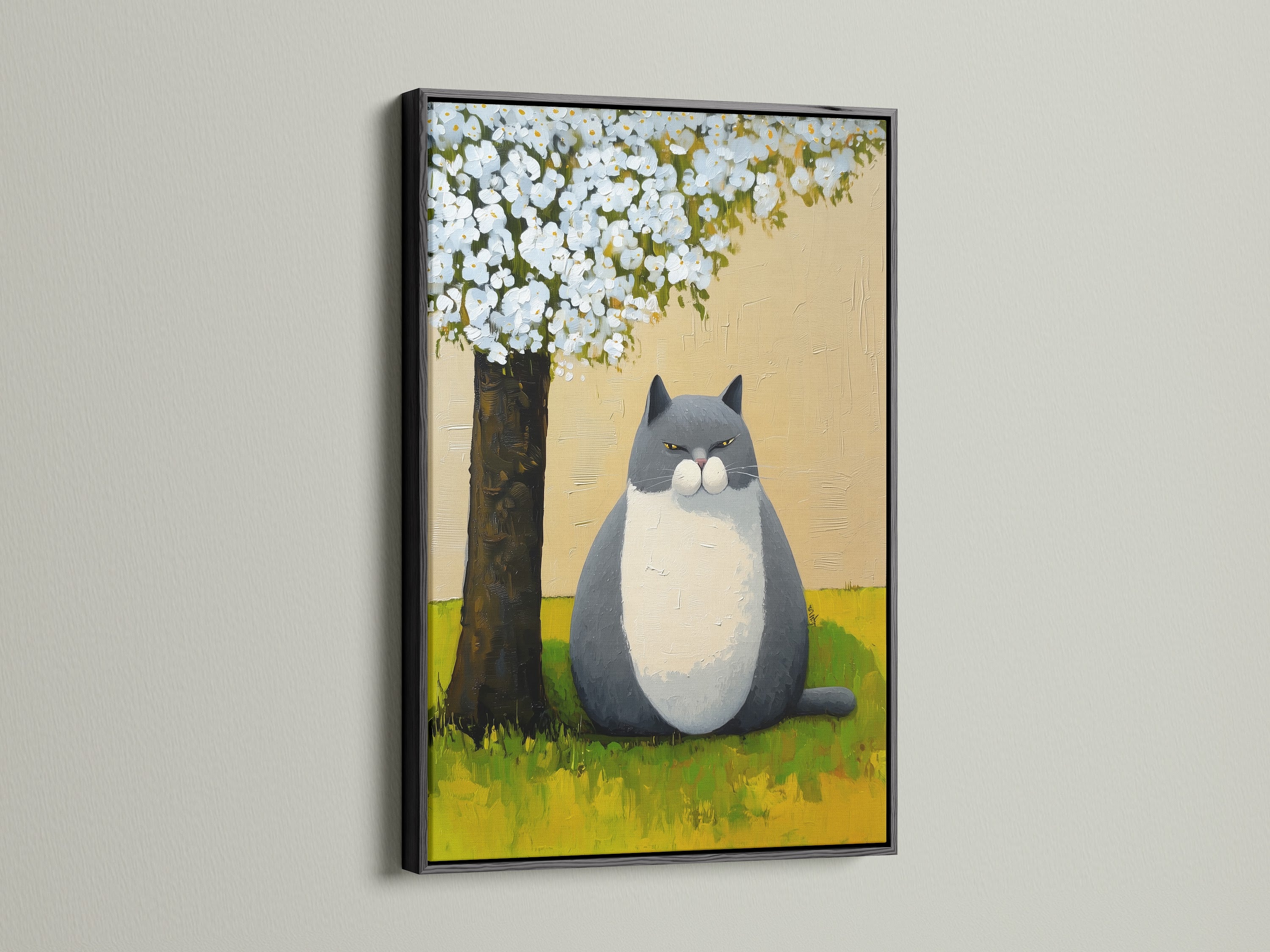 The image presents a whimsical cat artwork print in a black frame. This peaceful garden canvas wall art features a cute animal illustration. This artwork is great nursery room decor. It's suitable for contemporary decor.