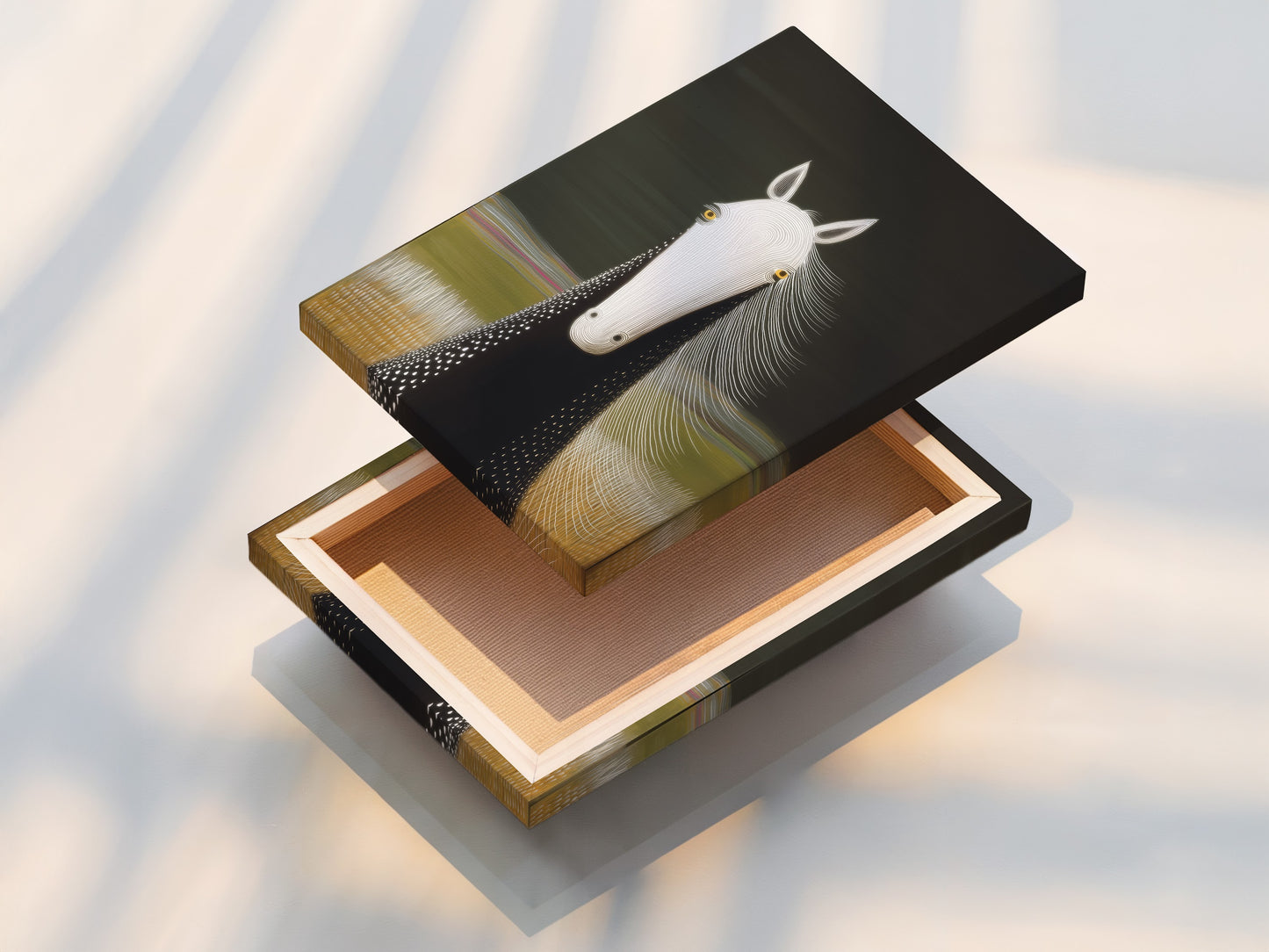 A stretched canvas print features a horse portrait. This format provides a gallery-ready display for your minimalist equestrian artwork. Ideal for adding a modern touch to your farmhouse decor. Perfect for stables or living rooms.