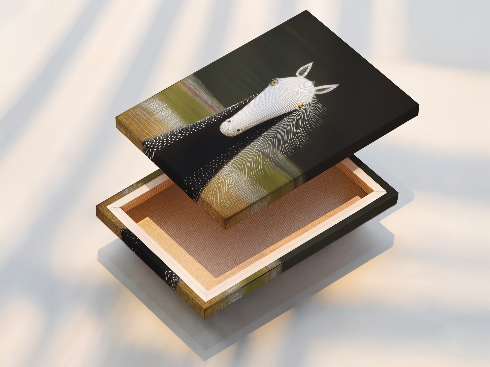 A stretched canvas print features a horse portrait. This format provides a gallery-ready display for your minimalist equestrian artwork. Ideal for adding a modern touch to your farmhouse decor. Perfect for stables or living rooms.