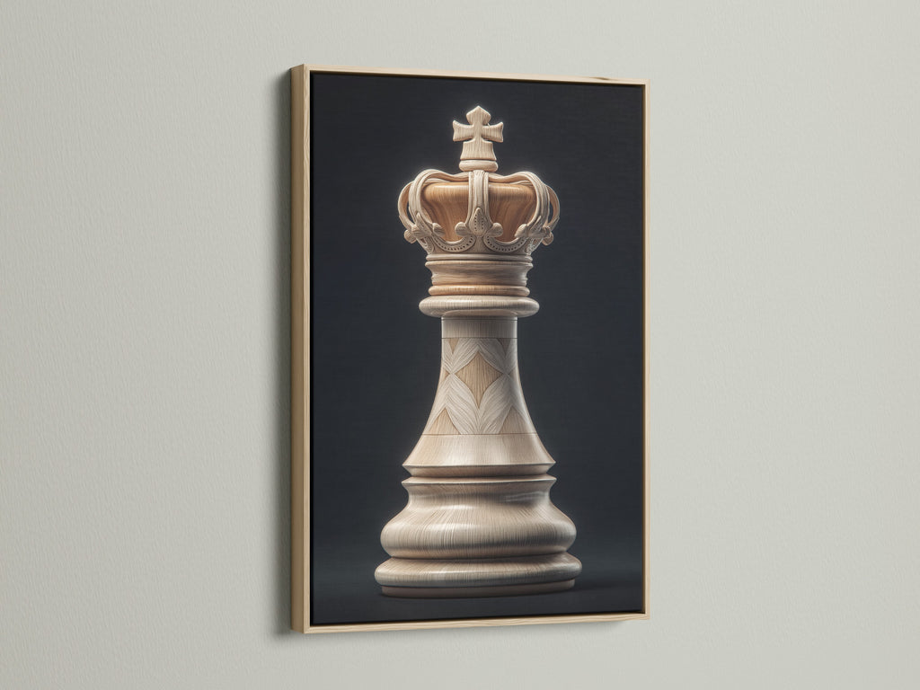 A captivating artwork is framed in oak. The artwork features a chess king piece. The oak frame enhances the artwork's visual appeal. It blends seamlessly with the surrounding decor adding warmth to the room.