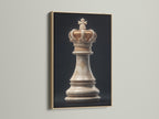 A captivating artwork is framed in oak. The artwork features a chess king piece. The oak frame enhances the artwork's visual appeal. It blends seamlessly with the surrounding decor adding warmth to the room.