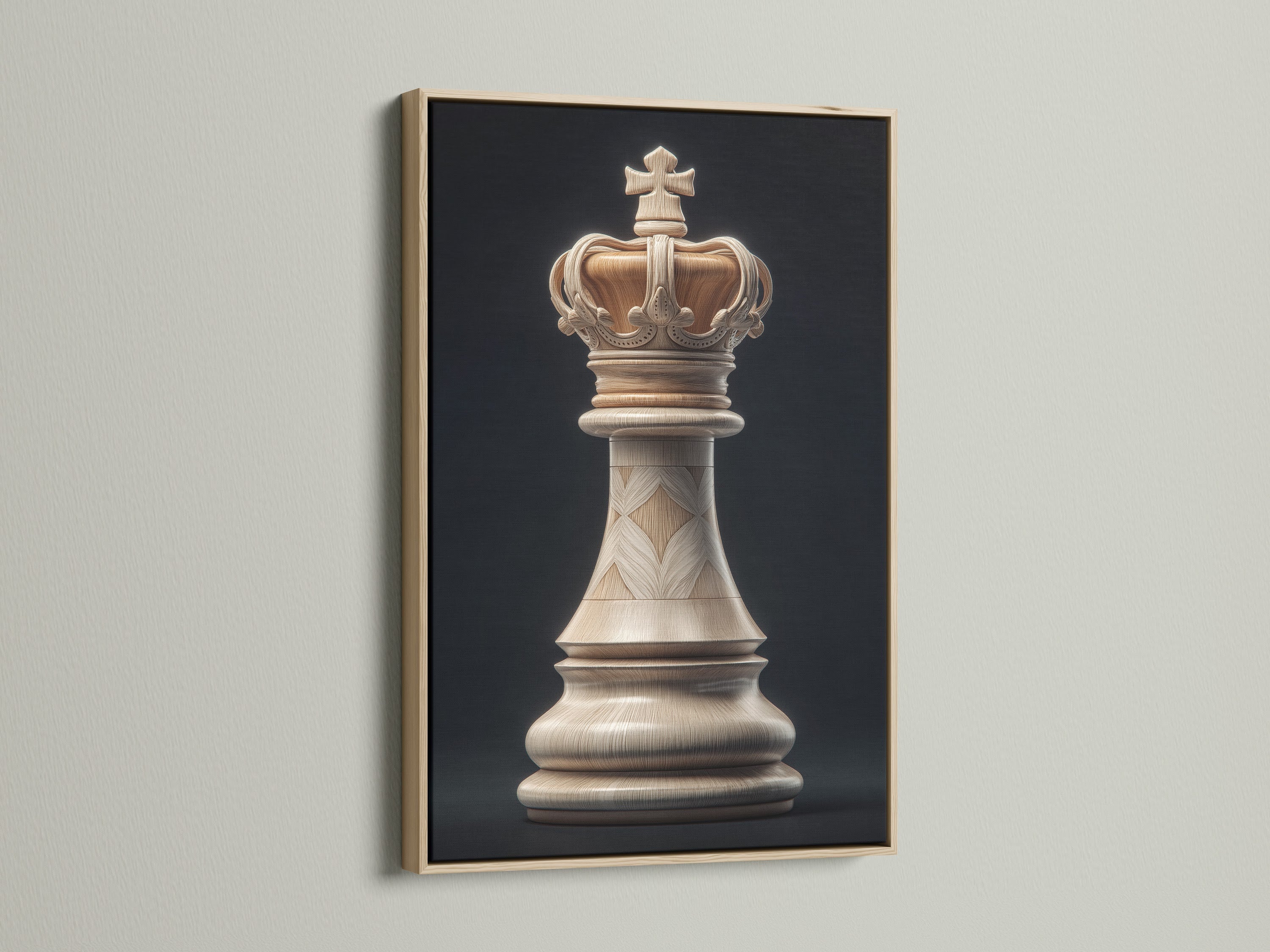 A captivating artwork is framed in oak. The artwork features a chess king piece. The oak frame enhances the artwork's visual appeal. It blends seamlessly with the surrounding decor adding warmth to the room.