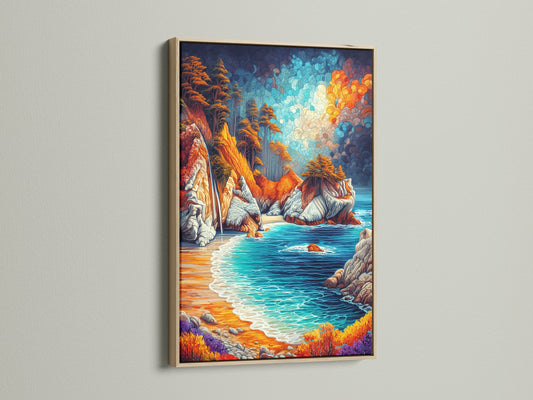 Coastal Landscape Artwork with an oak frame. This ocean canvas print brings a touch of nature indoors. The frame enhances the colorful seascape.  Ideal for coastal beachy or modern aesthetics. Transform your space with this vibrant wall art.