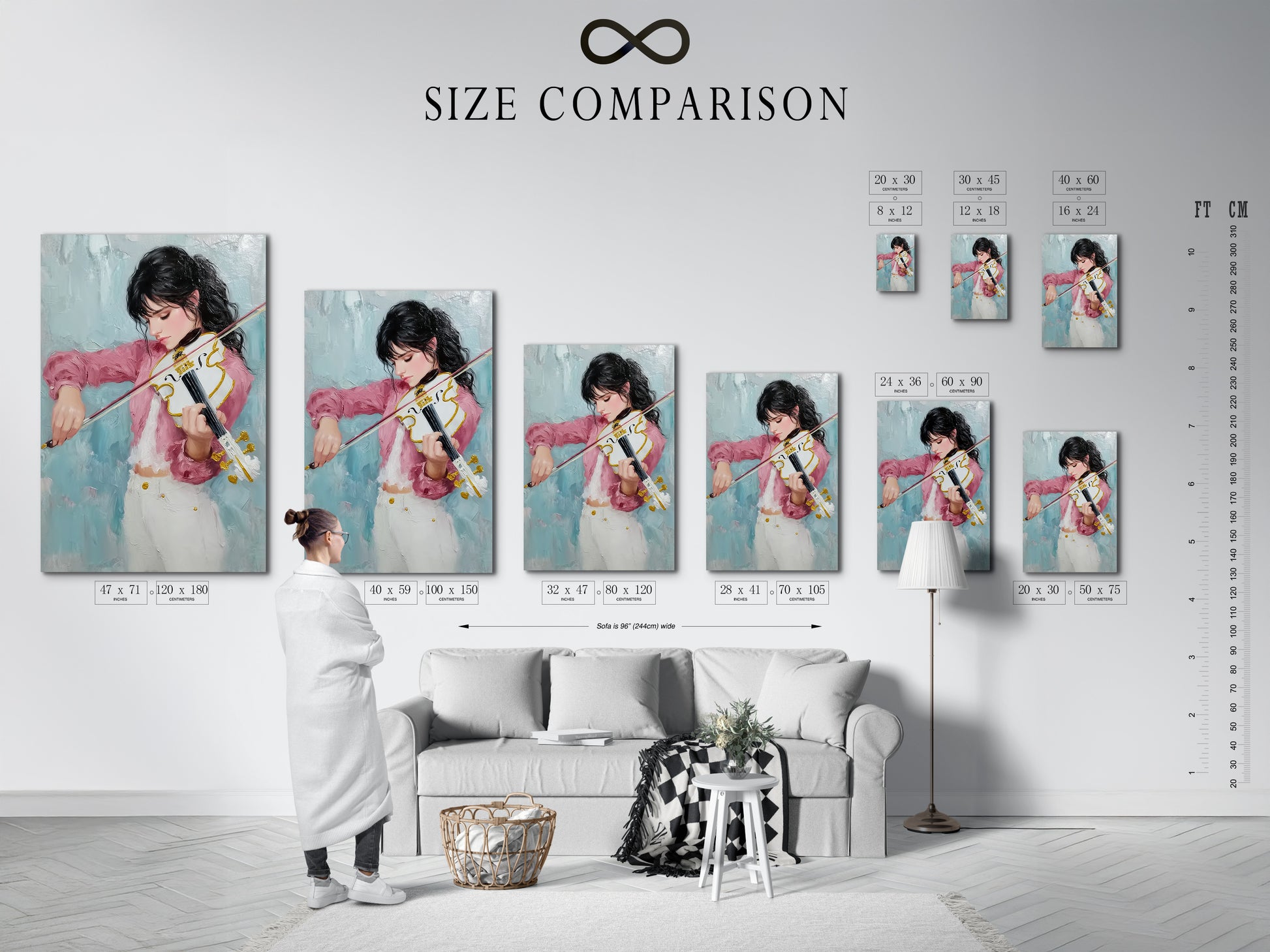 A size comparison chart in an interior setting featuring the violinist art. This musical artwork is perfect for any space. Visualize how the art fits in your home. The artwork is available in various sizes to suit your needs. This print is a thoughtful gift for musicians.