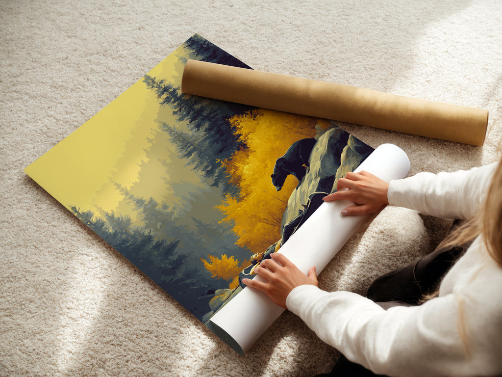 A woman is carefully rolling a fine art poster paper. The paper features artwork of a bear and canoe. This allows for easy handling and preservation. Ideal for woodland prints and outdoor art.