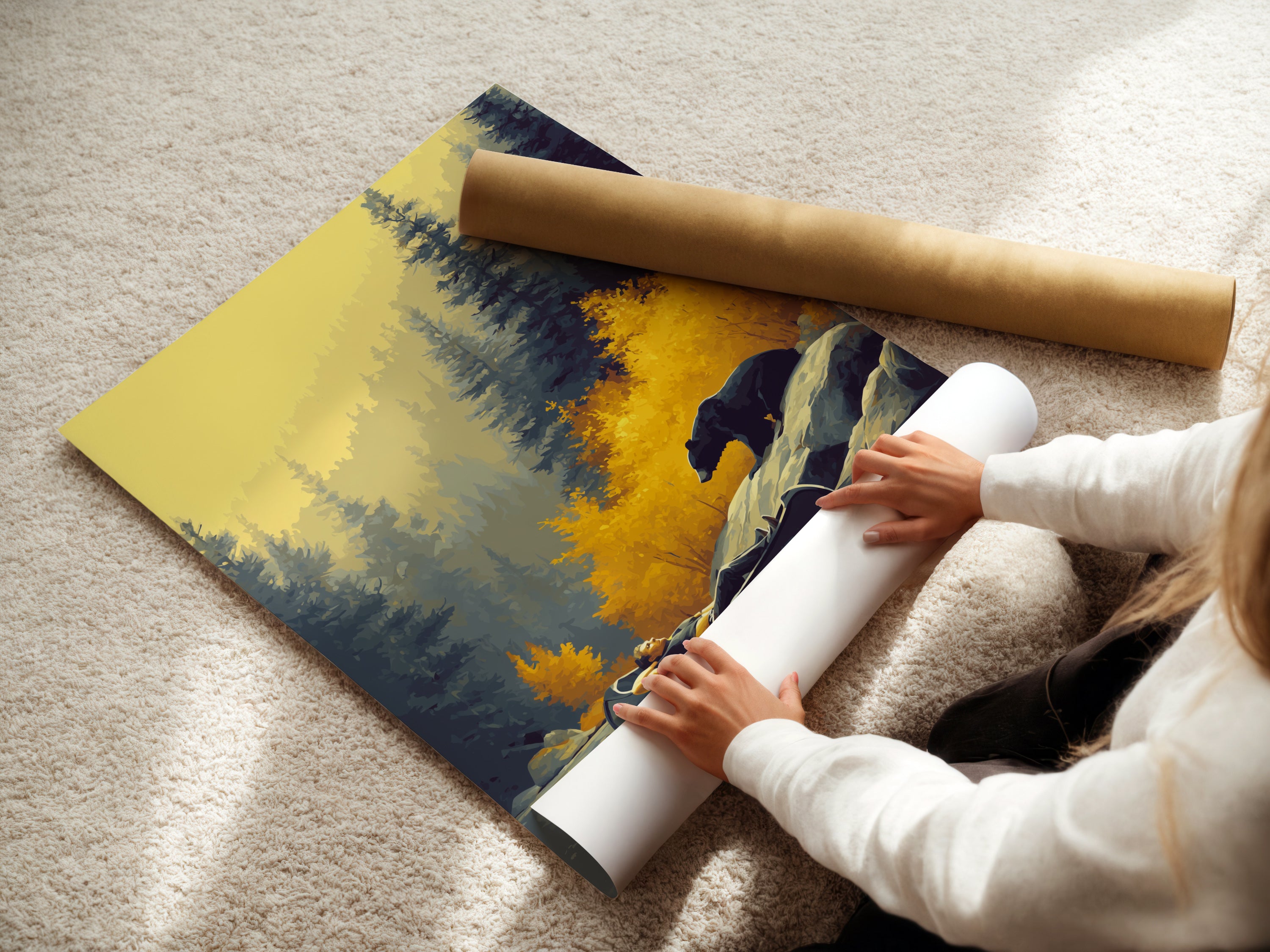 A woman is carefully rolling a fine art poster paper. The paper features artwork of a bear and canoe. This allows for easy handling and preservation. Ideal for woodland prints and outdoor art.