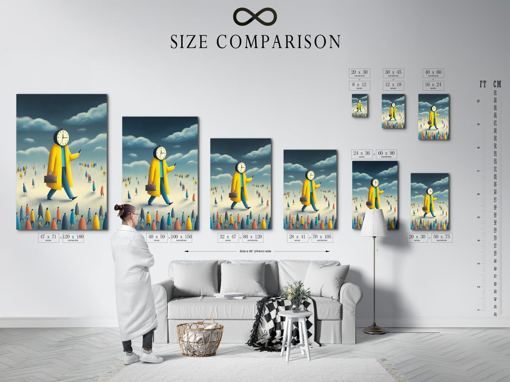 A size comparison chart is shown in an interior setting. The chart helps you visualize different print sizes. It allows you to choose the perfect size for your space. Find the ideal size for your artwork.