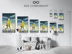 A size comparison chart is shown in an interior setting. The chart helps you visualize different print sizes. It allows you to choose the perfect size for your space. Find the ideal size for your artwork.
