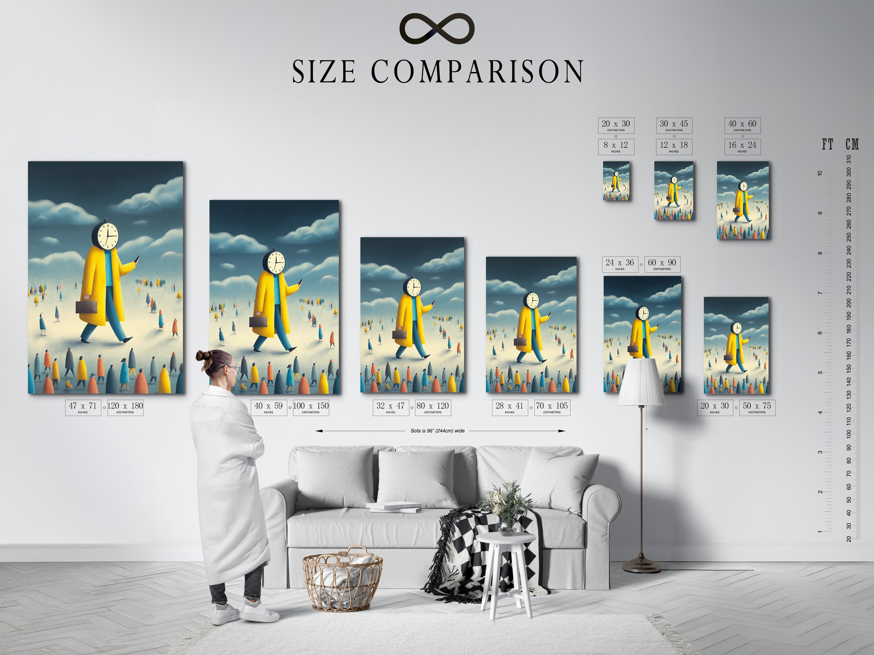 A size comparison chart is shown in an interior setting. The chart helps you visualize different print sizes. It allows you to choose the perfect size for your space. Find the ideal size for your artwork.