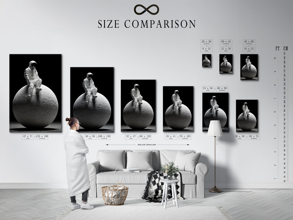 An interior setting displays a size comparison chart. This chart helps you visualize the different sizes of available artworks. It allows you to choose the perfect size for your space. Make an informed decision when selecting your art.