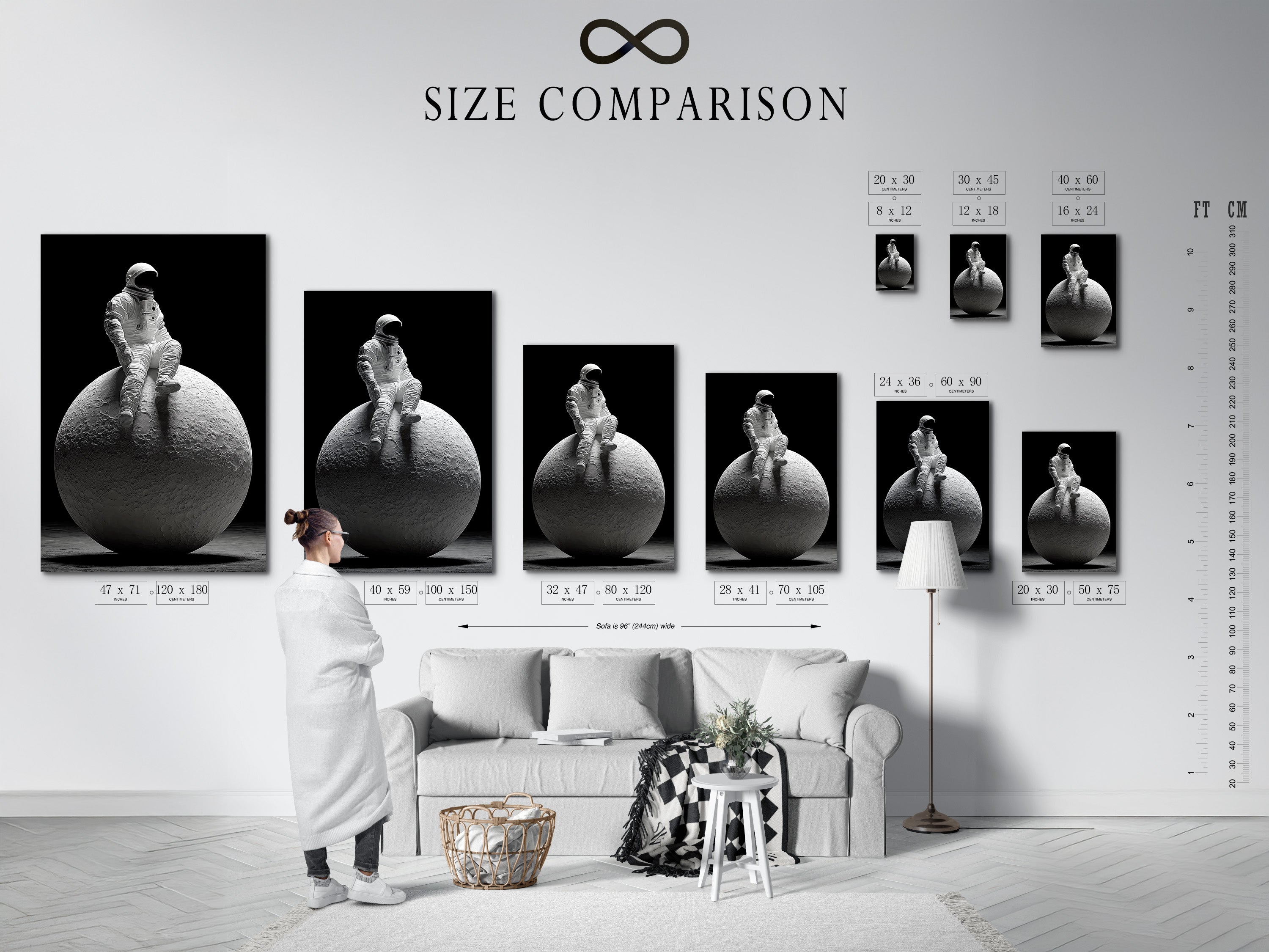 An interior setting displays a size comparison chart. This chart helps you visualize the different sizes of available artworks. It allows you to choose the perfect size for your space. Make an informed decision when selecting your art.